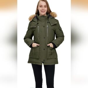 WANTDO Women's Plus Size Teal Parka with Faux Fur Hood